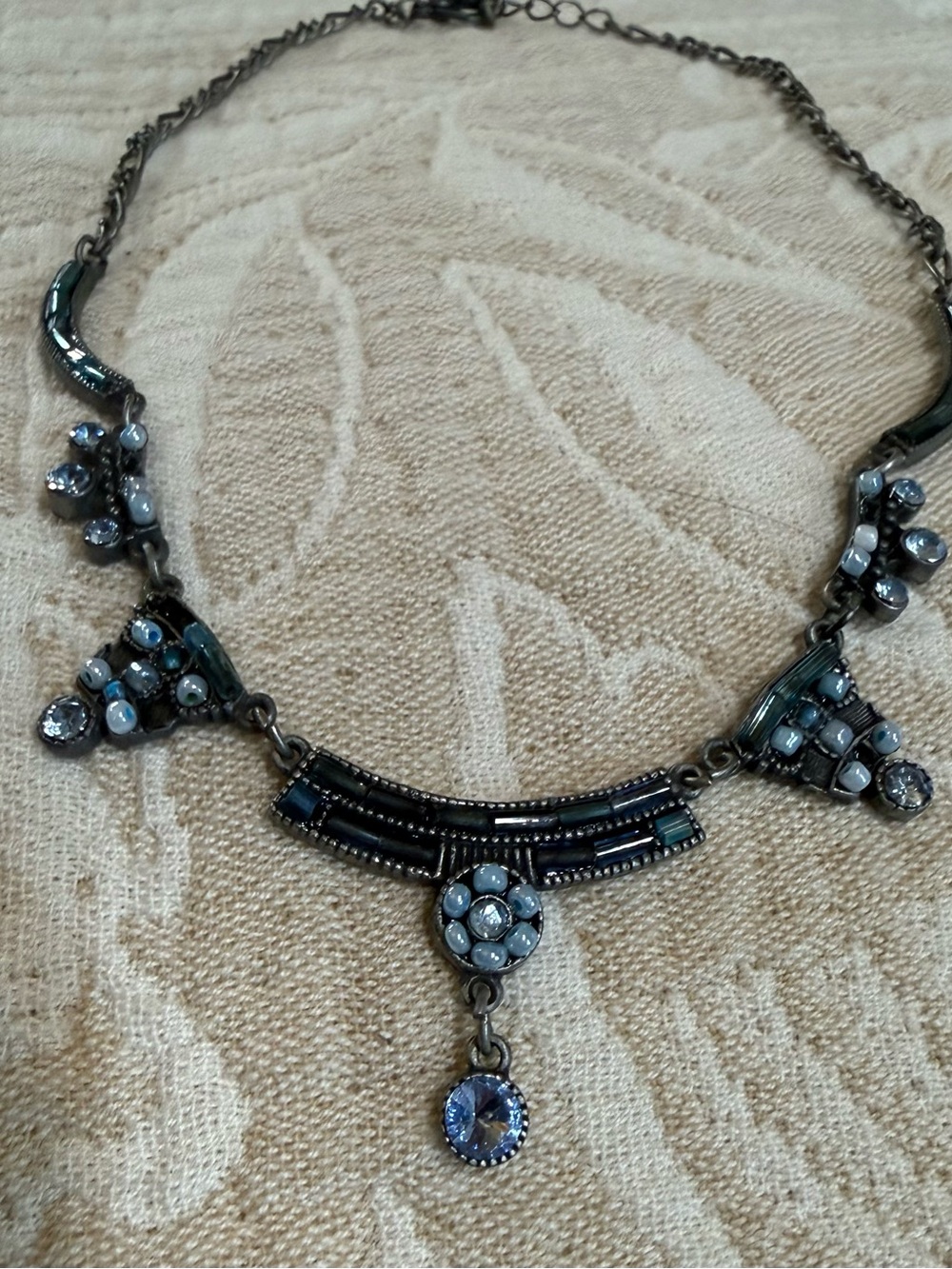 Dark Metal Necklace Statement with Blue Rhinestones and Beaded Clusters